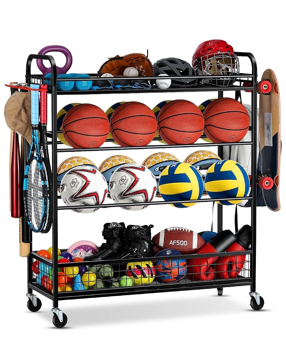 EXTCCT Rolling Sports Equipment Rack, 4 Tier