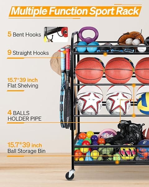 EXTCCT Rolling Sports Equipment Rack, 4 Tier — view 3 of 4