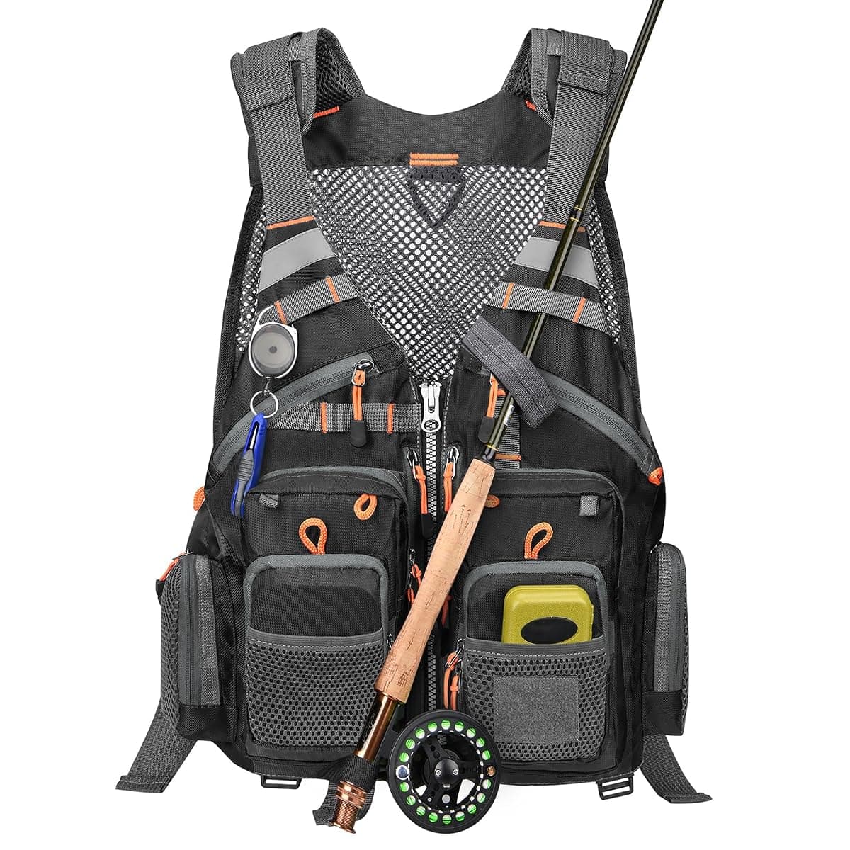 Gonex Fly Fishing Vest, 18 Pockets, Black Orange
