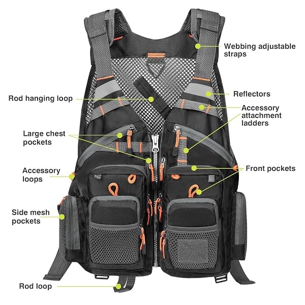 Gonex Fly Fishing Vest, 18 Pockets, Black Orange — view 4 of 4