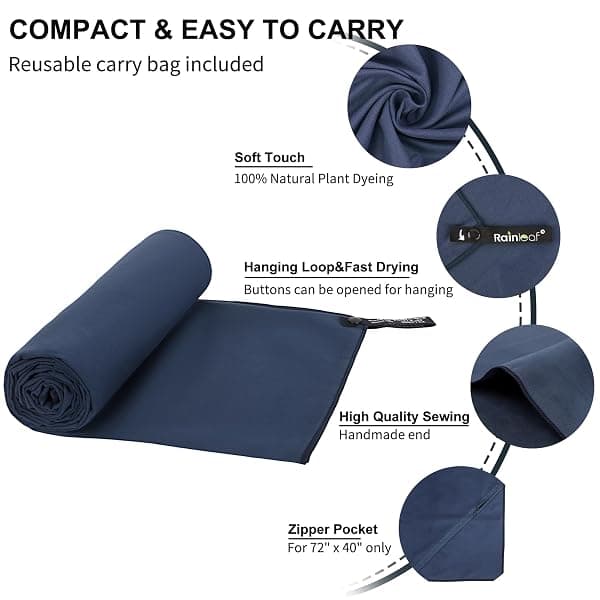 Rainleaf Microfiber Towel, 60 x 30 in, Navy Blue — view 3 of 4
