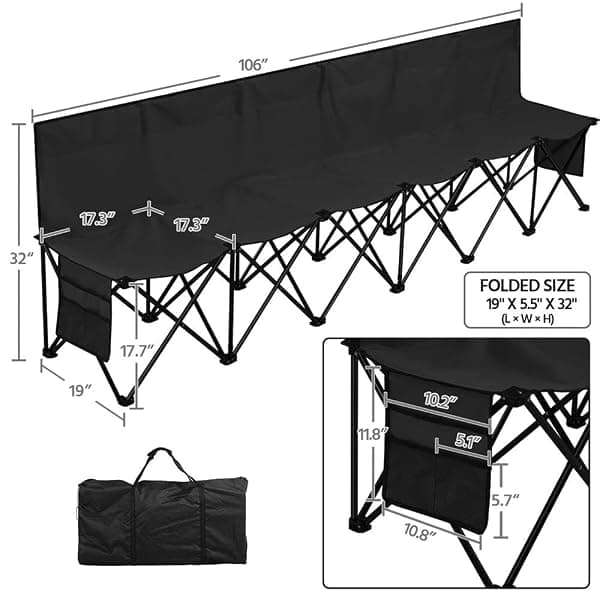Yaheetech Folding Sideline Bench, 6 Seats, Black — view 3 of 4